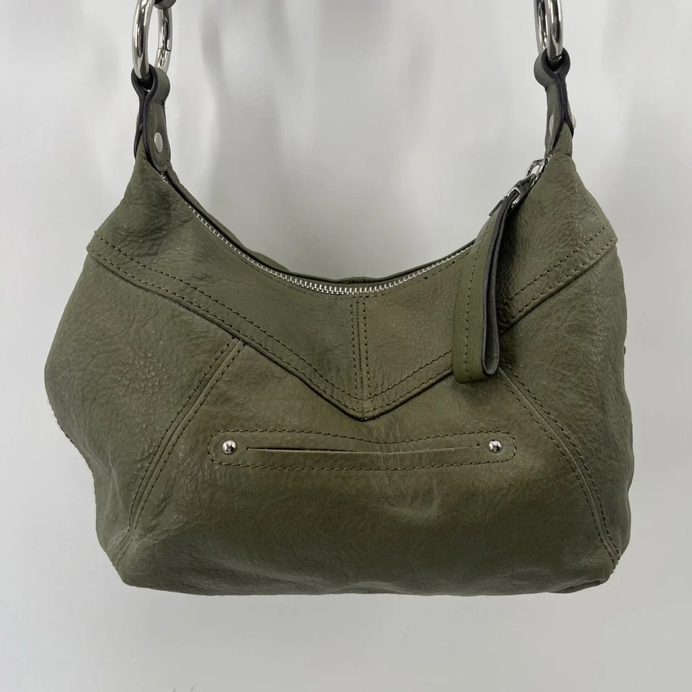 B Makowsky Hobo Shoulder Bag Leather Studded Fringe Gold Silver Green Y2K Rocker
